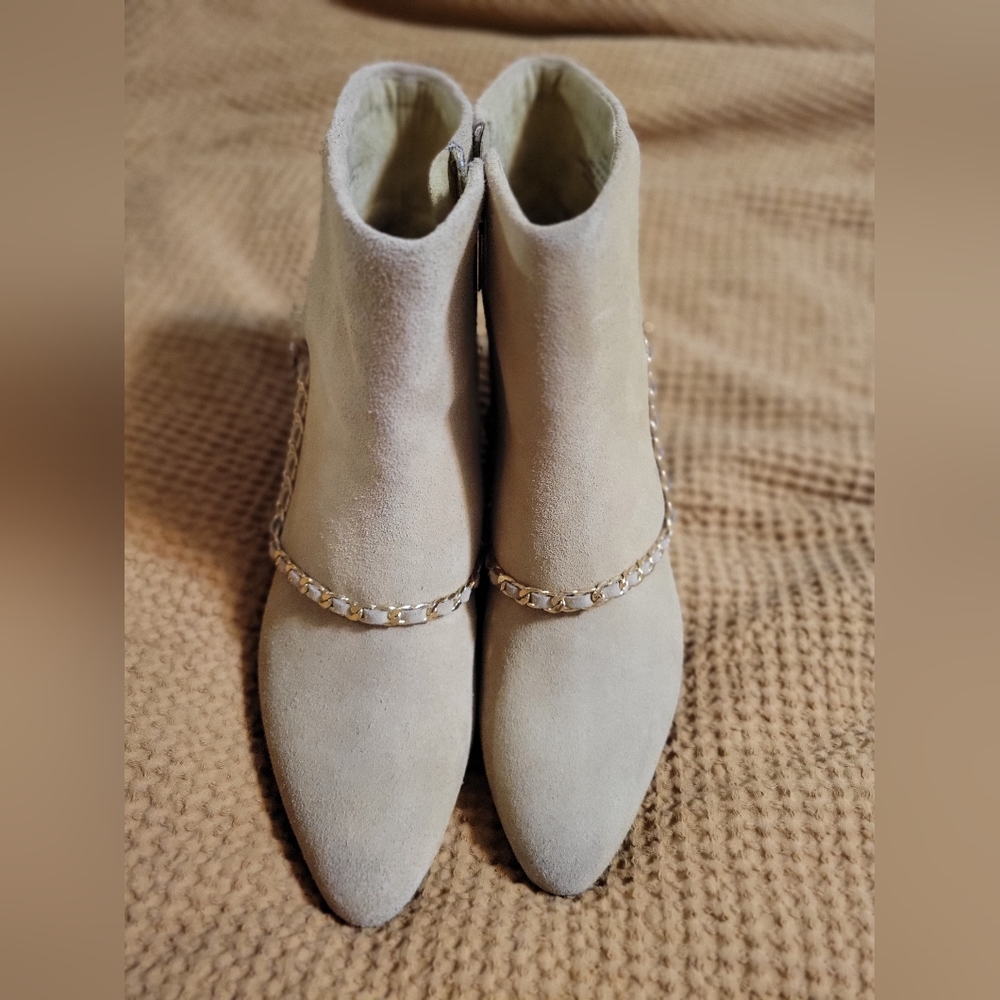 Karl Lagerfeld Cream Suede Heeled Ankle Boots with Gold Chain Detail